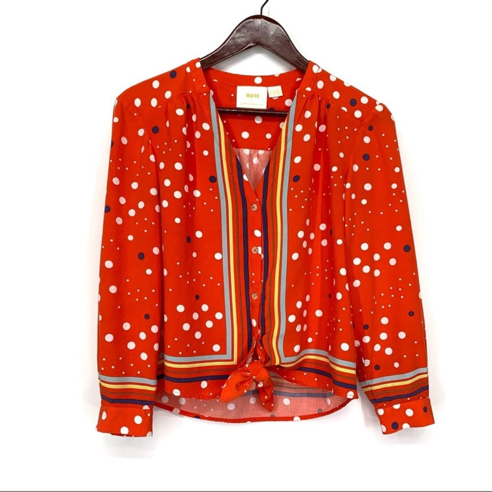 Maeve By Anthropologie Vibrant Orange Polka Dot Striped V-Neck Tied Waist Blouse